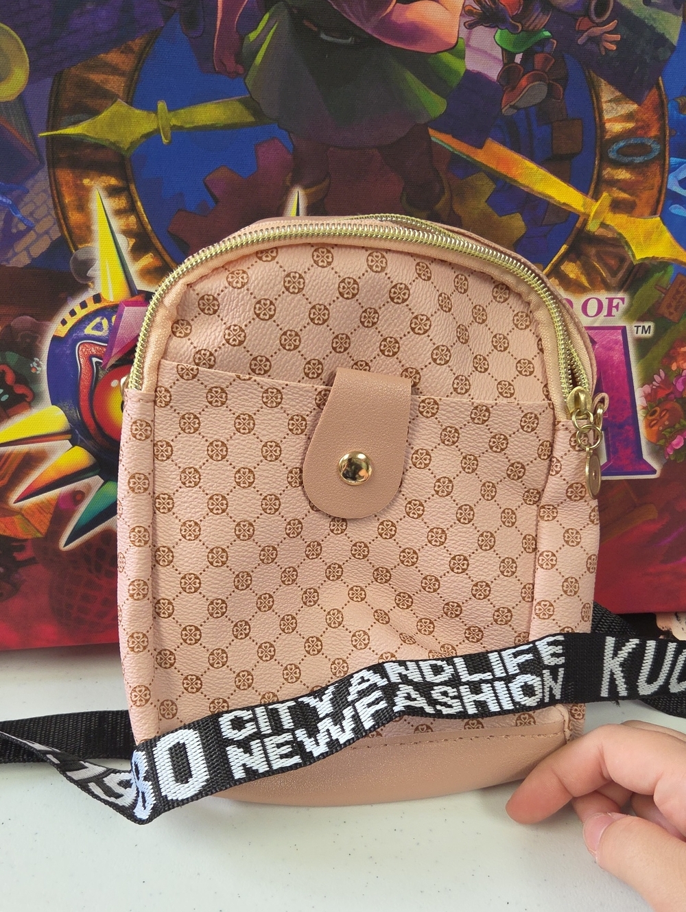 Small Pink Crossbody Bag with Patterned Exterior